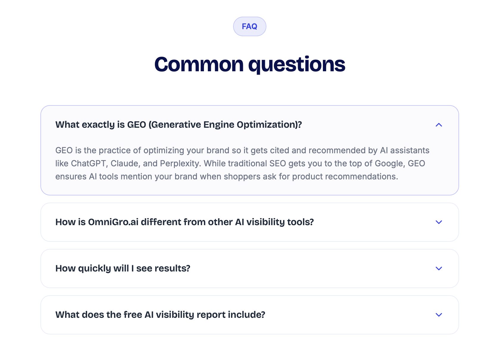 OmniGro FAQ accordion — questions visible, answers collapsed by default