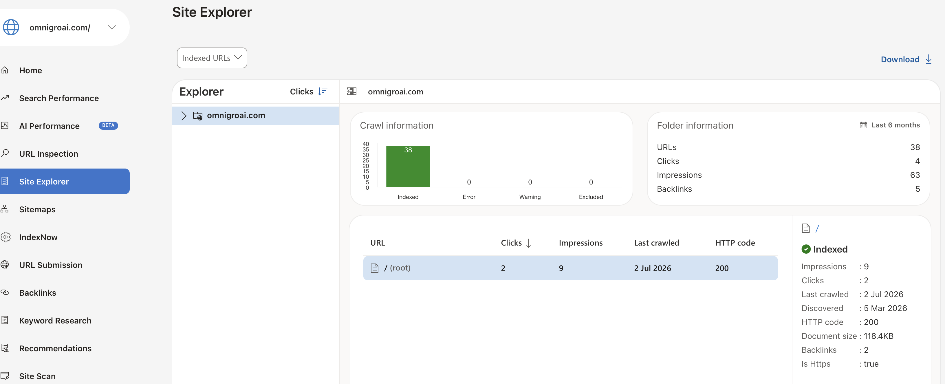 Bing Webmaster Tools Site Explorer showing indexed pages by folder