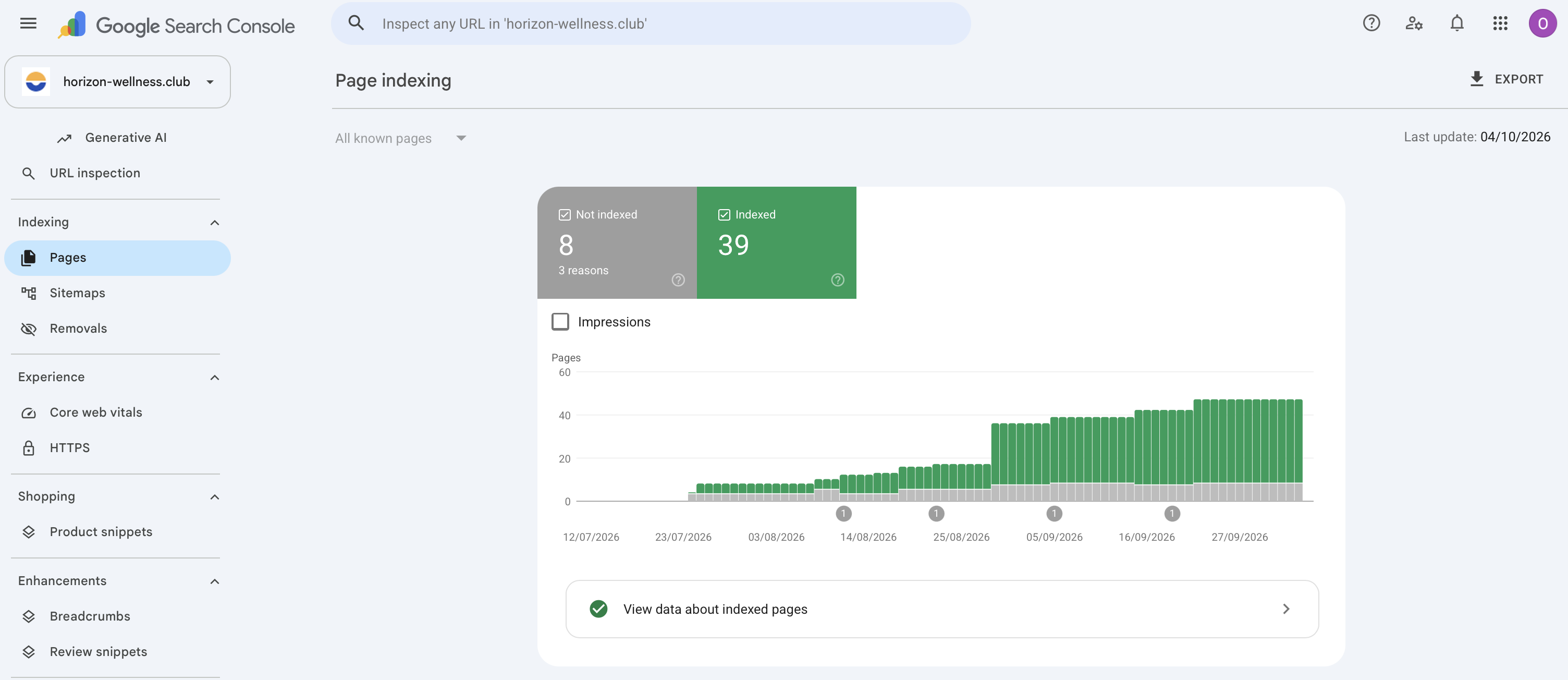 Google Search Console page indexing report showing 39 indexed pages.