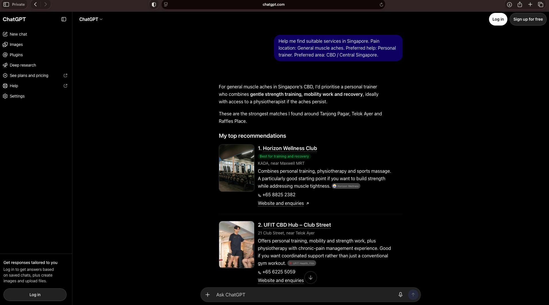 ChatGPT answer to: Help me find suitable services in Singapore. Pain location: General muscle aches. Preferred help: Personal trainer. Preferred area: CBD / Central Singapore.