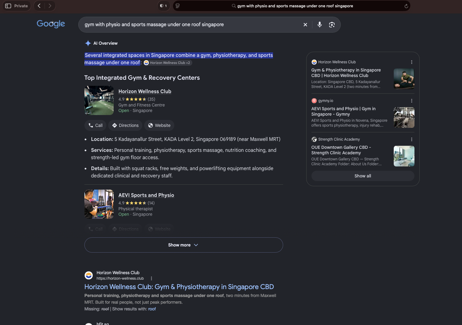 Google AI Overviews answer to: gym with physio and sports massage under one roof singapore