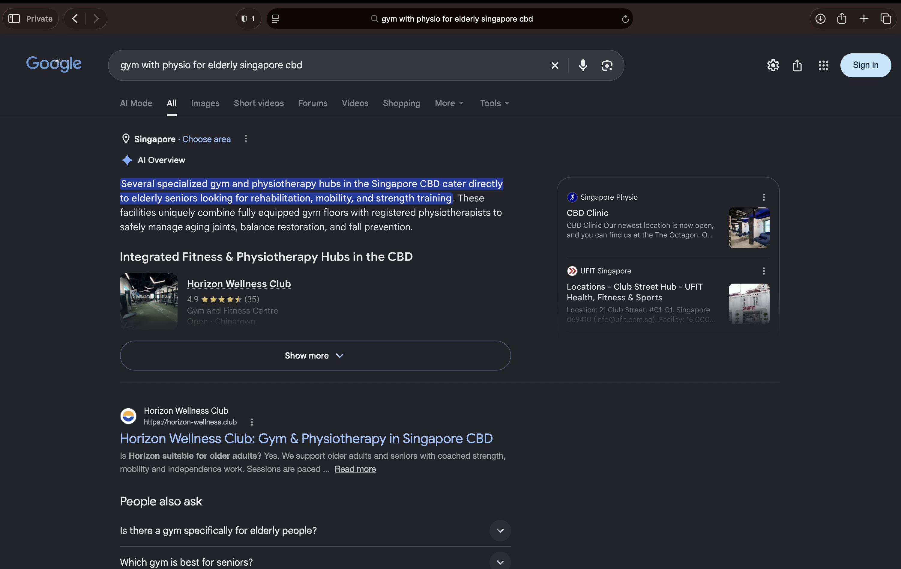 Google AI Overviews answer to: gym with physio for elderly singapore cbd