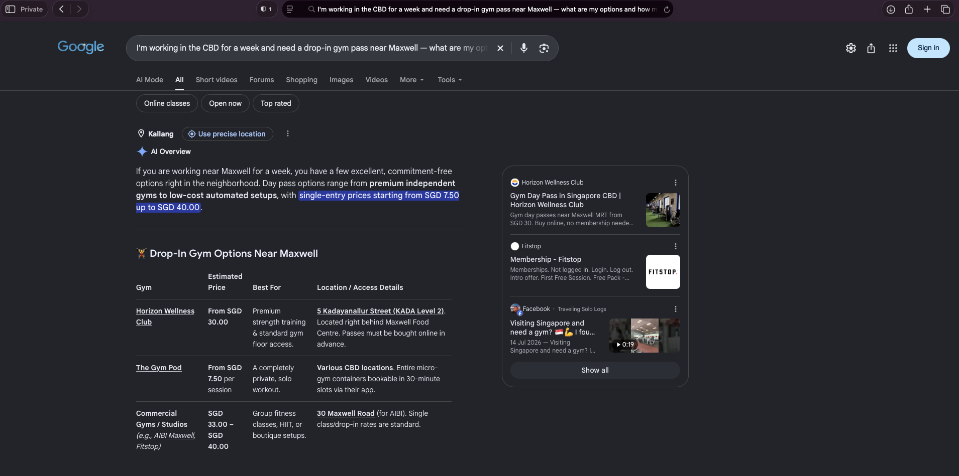 Google AI Overviews answer to: I'm working in the CBD for a week and need a drop-in gym pass near Maxwell — what are my options and how much is a day pass?