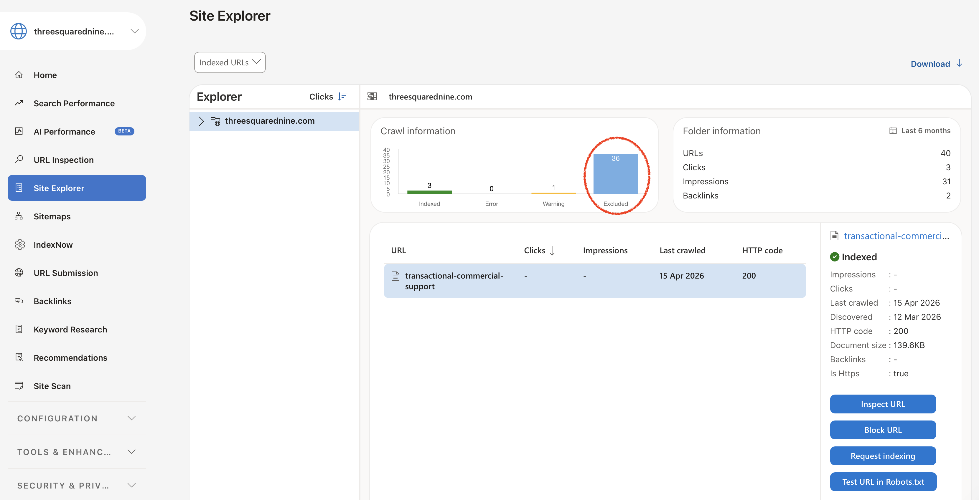Bing Webmaster Tools showing 40 known URLs, 3 indexed, and 2 backlinks at project start