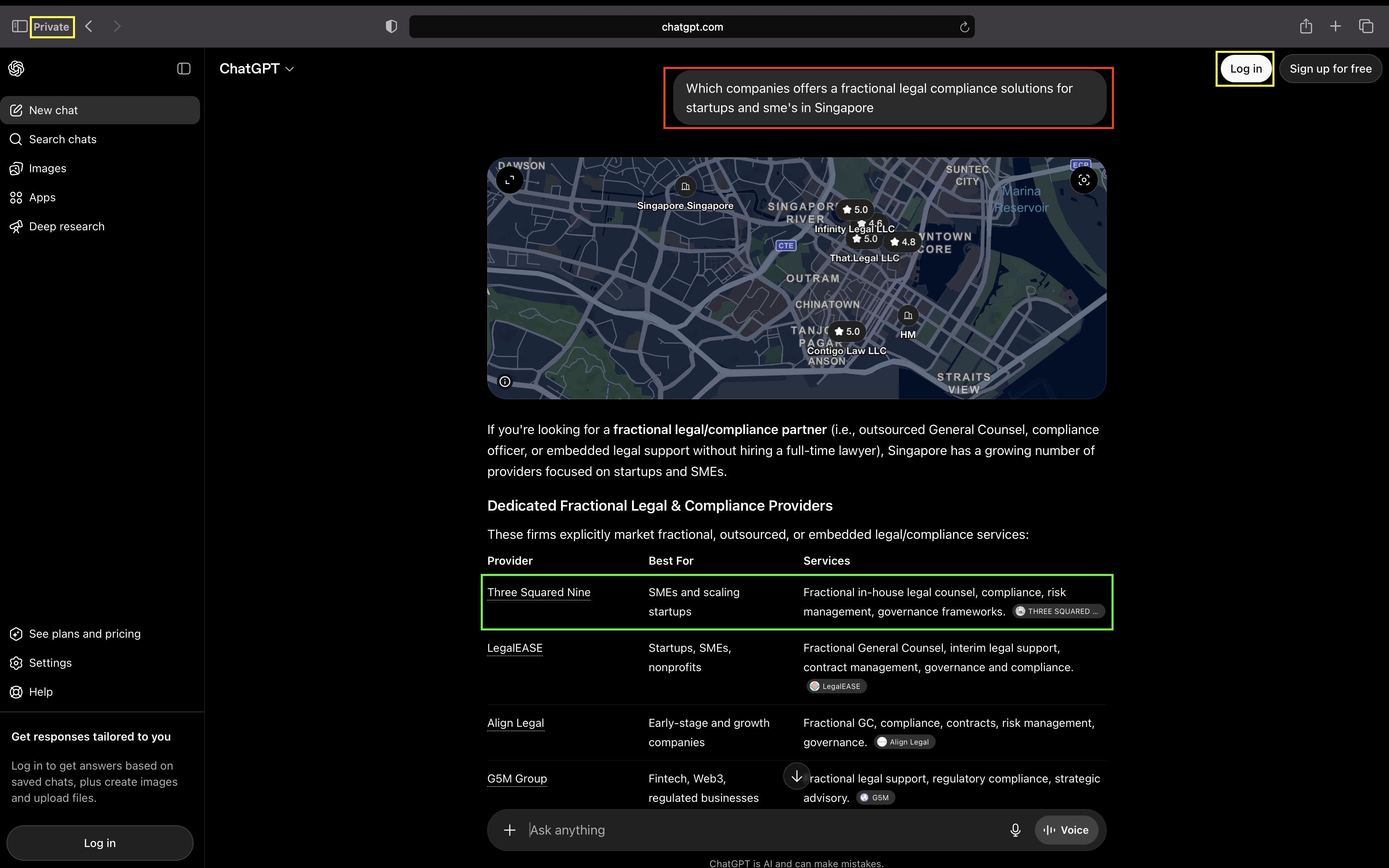 ChatGPT incognito listing Three Squared Nine first for fractional legal compliance in Singapore