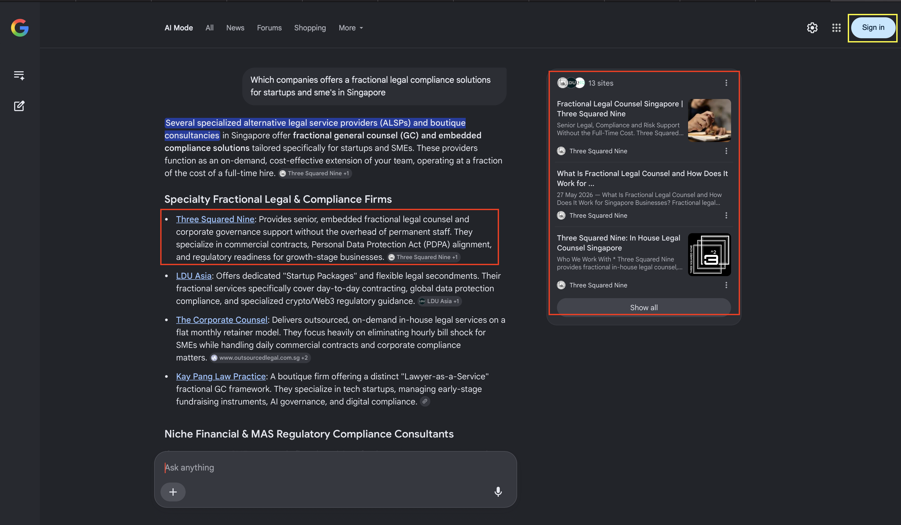 Google AI Mode showing Three Squared Nine leading the Specialty Fractional Legal Compliance Firms list