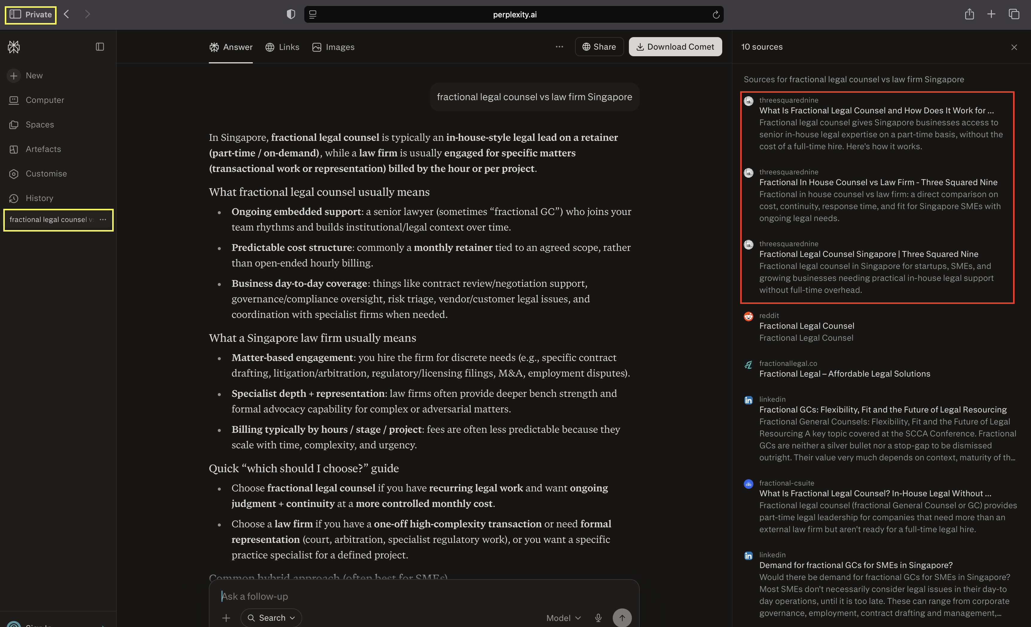 Perplexity citing Three Squared Nine articles as top sources